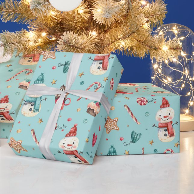 Roll, Name on Whimsy Snowman Pattern 30-in x 6ft Wrapping Paper (Holidays)