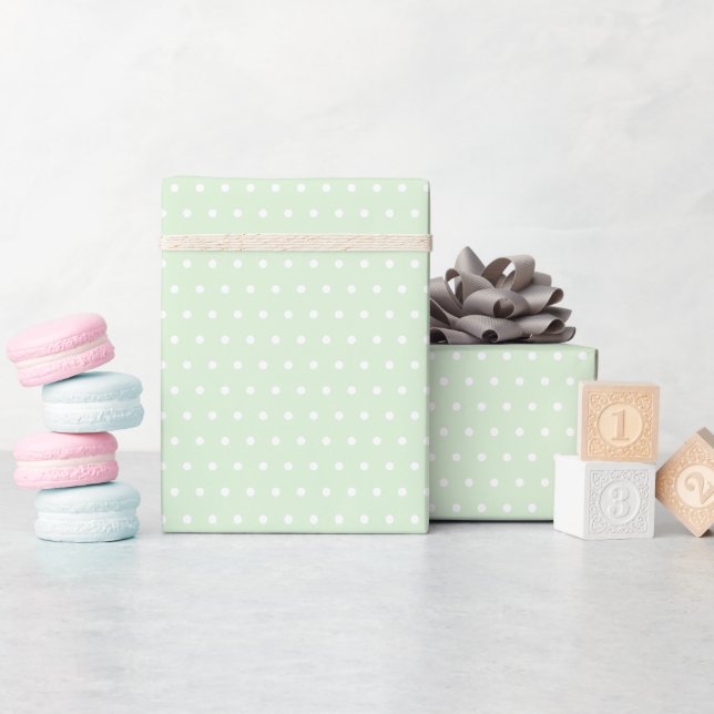 Roll of White Polka Dots on Pale Milky Jade Green Wrapping Paper (Baby Shower)
