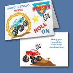 Roll On Blue Monster Truck Birthday Card<br><div class="desc">This cute birthday card features a blue monster truck with big tires going through a fiery flame ring. At the side is a blue and yellow emblem that says MONSTER TRUCK in red. Above the truck image are two custom text fields, and at the right side is a gold star,...</div>
