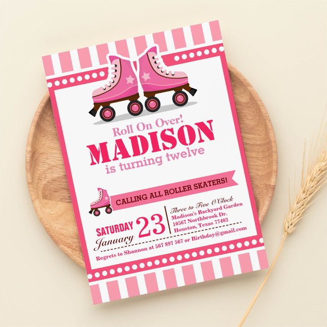 Roll on over! Pink Roller Skate Sport Birthday Invitation (Creator Uploaded)