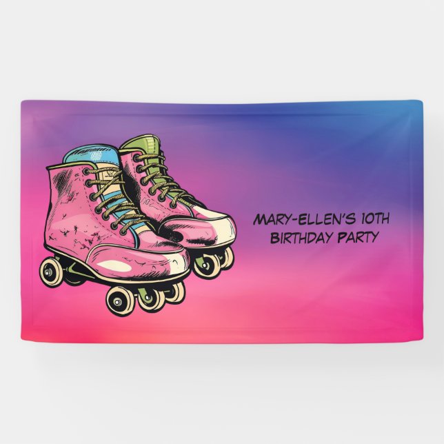 Roll on Over Roller Skate Girl Birthday Party Banner (Horizontal)