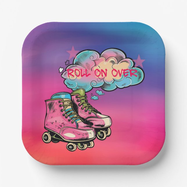 Roll on Over Roller Skate Girl Birthday Party Paper Plate (Front)