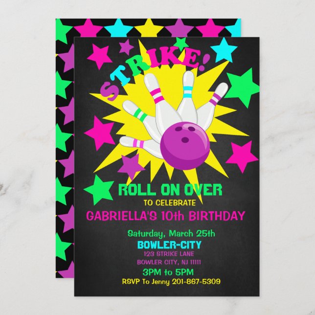 Roll On Over... STRIKE Bowling Birthday Party Invitation (Front/Back)