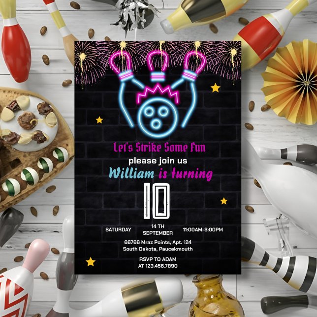 Roll Strike cool blue sports Bowling 10th Birthday Invitation (Creator Uploaded)