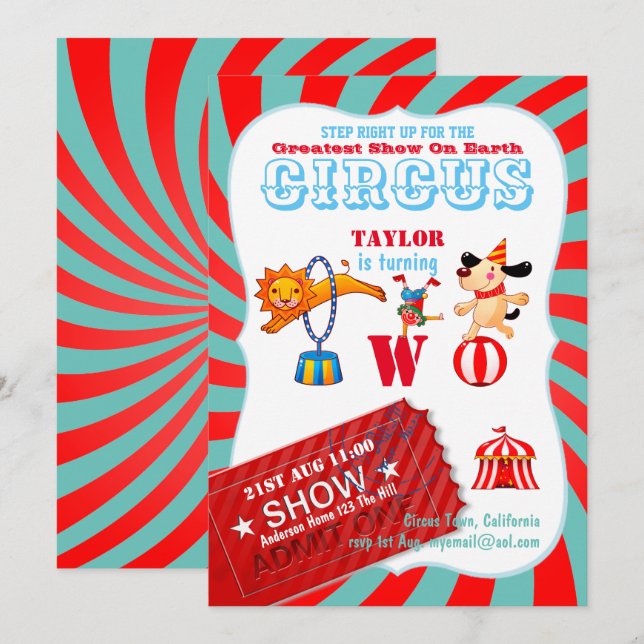 ROLL UP CIRCUS 2nd Birthday Boy Girl Greatest Show Invitation (Front/Back)