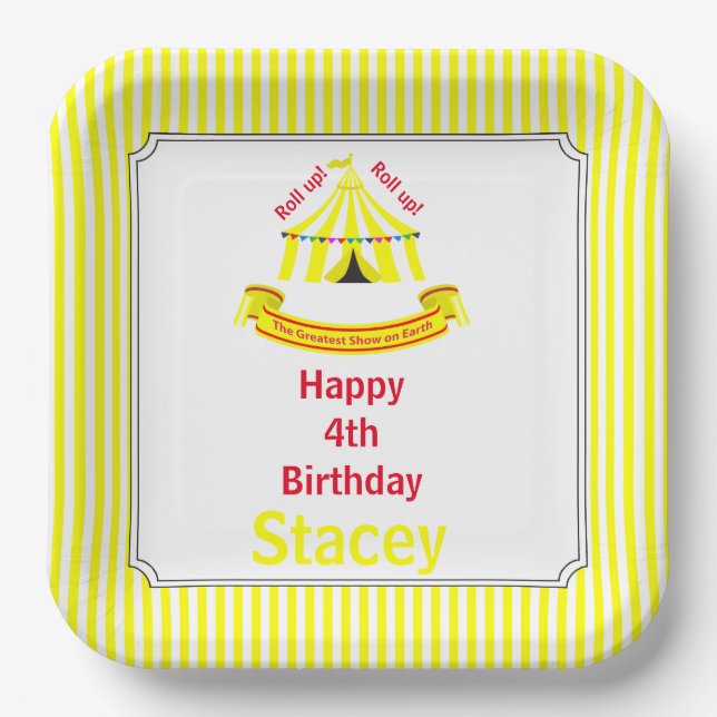 Roll up! Roll up! Circus Birthday Party Yellow Paper Plate (Front)