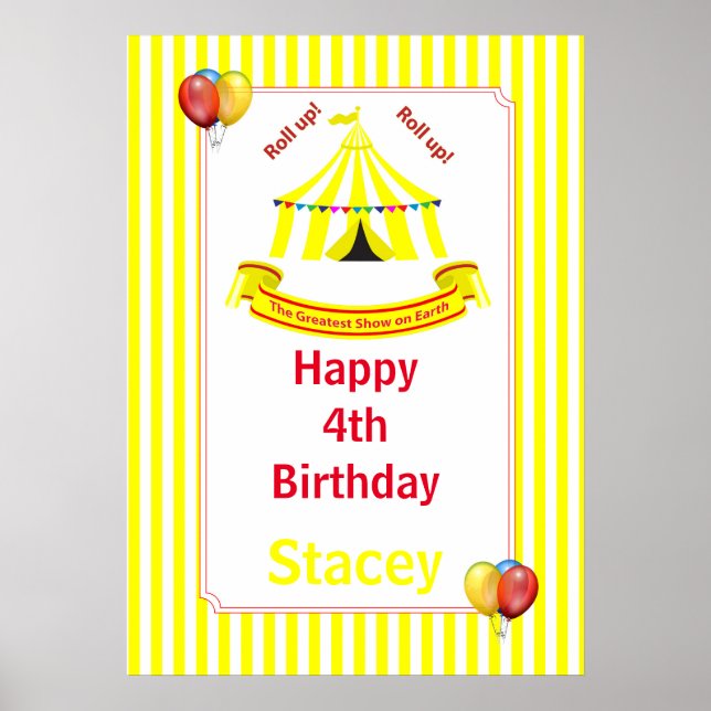 Roll up! Roll up! Circus Birthday Poster in Yellow (Front)