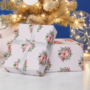 Roll, Watercolor Pink & Green Poinsettia Pattern Wrapping Paper