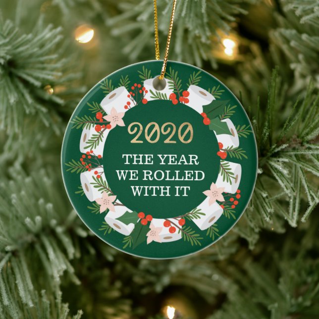 Rolled With It Funny Toilet Paper Christmas Wreath Ceramic Ornament (Tree)