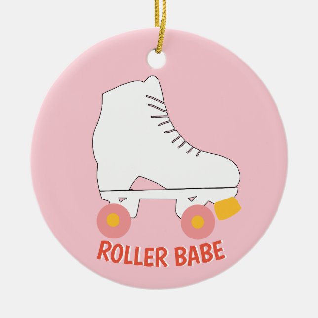 Roller Babe Roller Skating Pink Ceramic Ornament (Front)