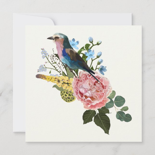 Roller bird and brown garden, tropical flowers.  invitation (Front)