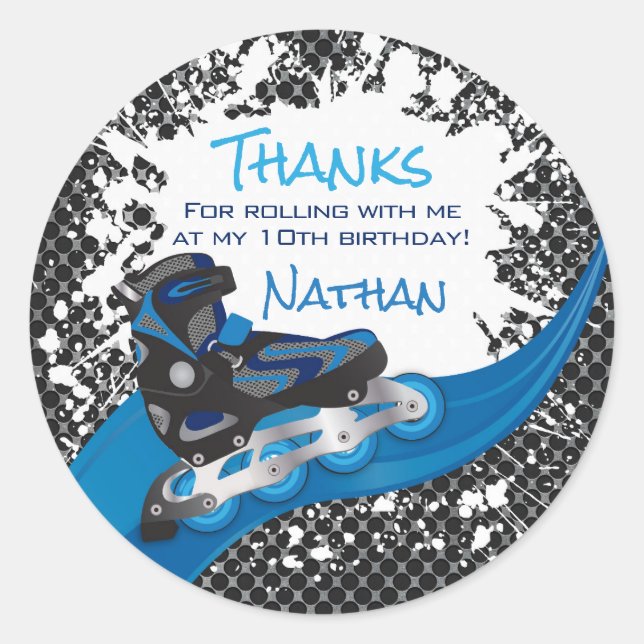 Roller Blade Grunge Blue Birthday Party Classic Round Sticker (Front)