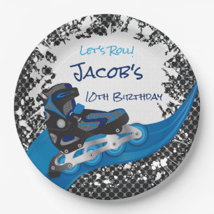 Roller Blade Grunge Blue Birthday Party Paper Plate