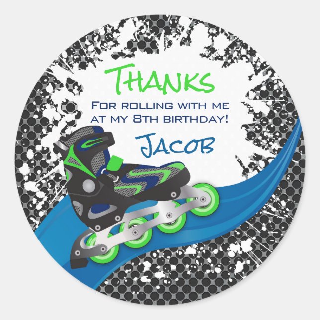 Roller Blade Grunge Green Birthday Party  Classic Round Sticker (Front)