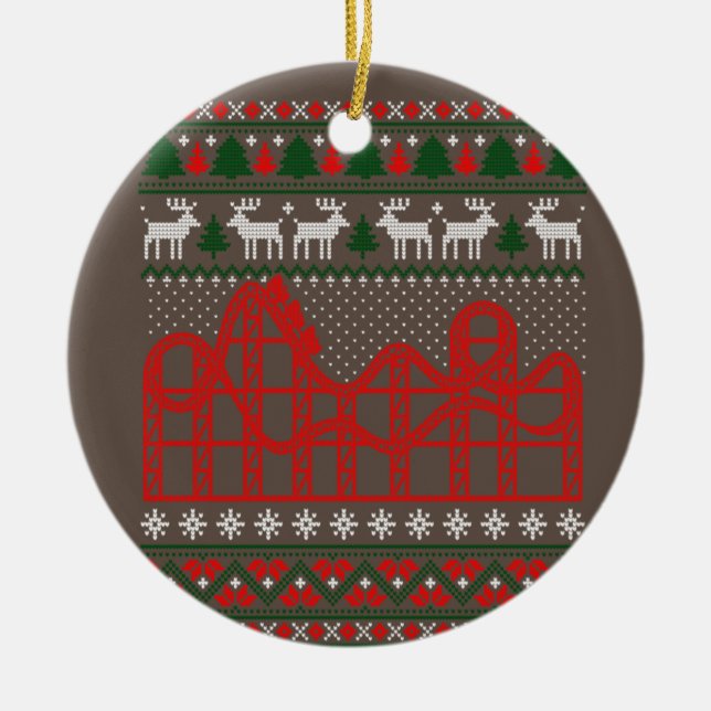 Roller Coaster Scene Ugly Christmas Sweater Ceramic Ornament (Front)