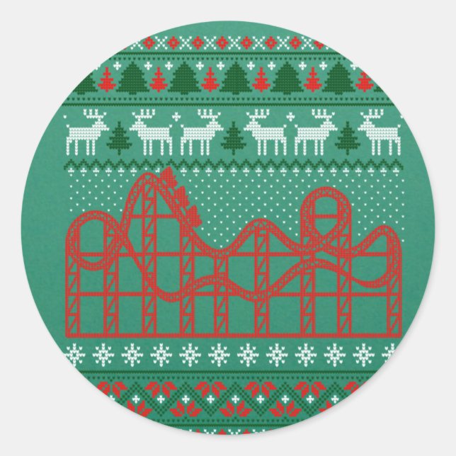 Roller Coaster Scene Ugly Christmas Sweater Classic Round Sticker (Front)