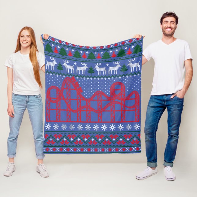 Roller Coaster Scene Ugly Christmas Sweater Fleece Blanket (In Situ)