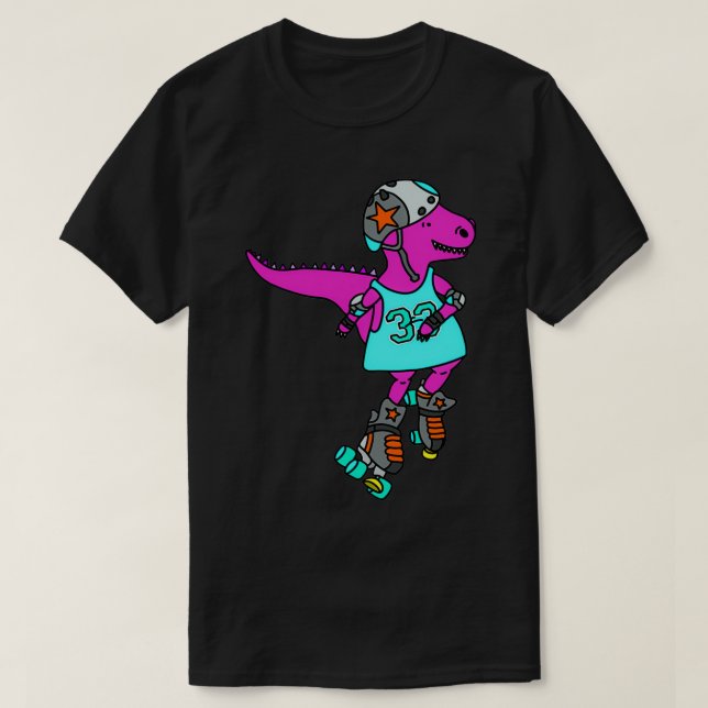 Roller derby roller skating pink dinosaur T-Shirt (Design Front)
