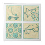 Roller Rink Woodblock Drawing by Chariklia Zarris Ceramic Tile<br><div class="desc">Four woodblock drawings make up this cool piece by Chariklia Zarris. A roller skate,  shooting star,  glasses and extra wheels are the subjects of her work. A great piece to give as a gift to someone who loves roller skating or remembers roller rinks. Buy your copy now!</div>
