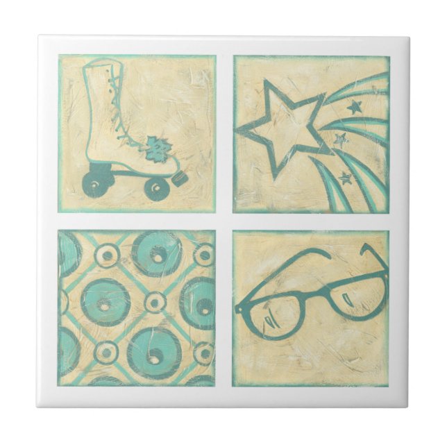 Roller Rink Woodblock Drawing by Chariklia Zarris Ceramic Tile (Front)