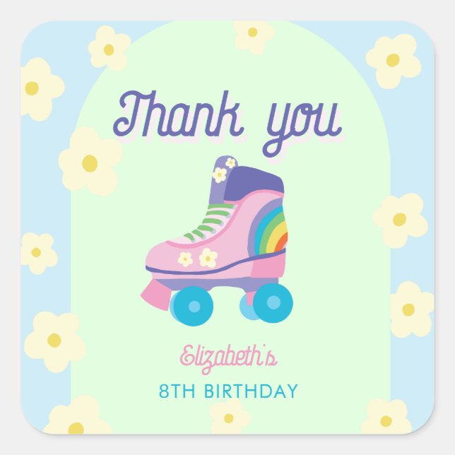 Roller Skate Birthday Thank You Retro Rainbow Kids Square Sticker (Front)