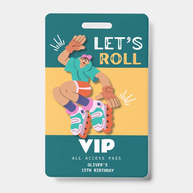 roller skate boy birthday party invitation VIP ID Badge (Front)
