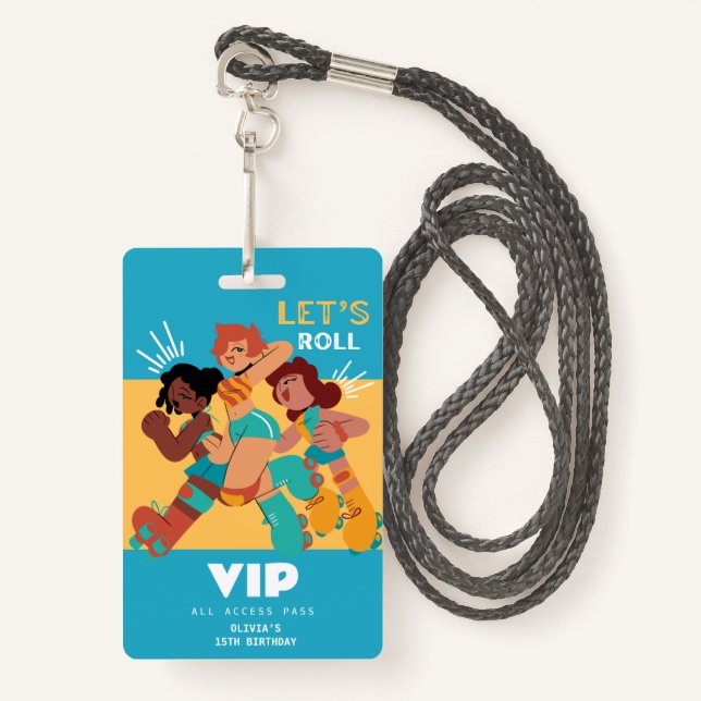 roller skate girl birthday party invitation VIP ID Badge (Front with Lanyard)