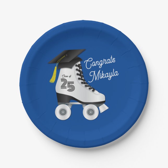 Roller Skate Graduation Party Skating Rink Blue Paper Plate (Front)