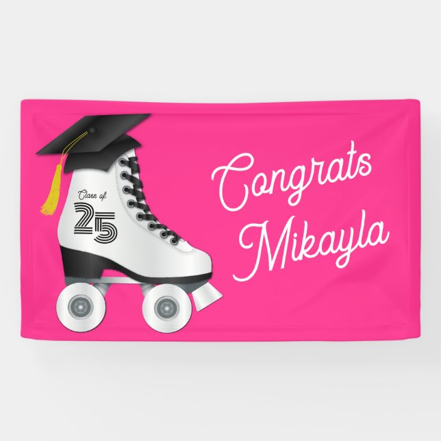 Roller Skate Graduation Party Skating Rink Pink Banner (Horizontal)