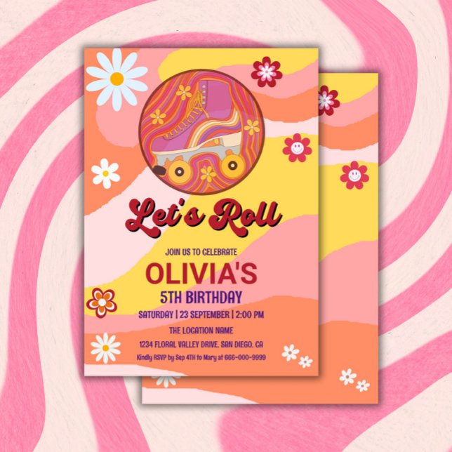 Roller Skate Groovy Retro Girl Birthday Party Invitation (Lets roll groovy retro girl birthday party invitation)