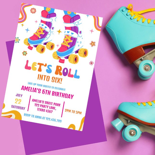 Roller Skate Let's Roll Skating Girl Birthday  Invitation (Groovy retro roller skate birthday invitation with colorful  retro party vibes for girls)