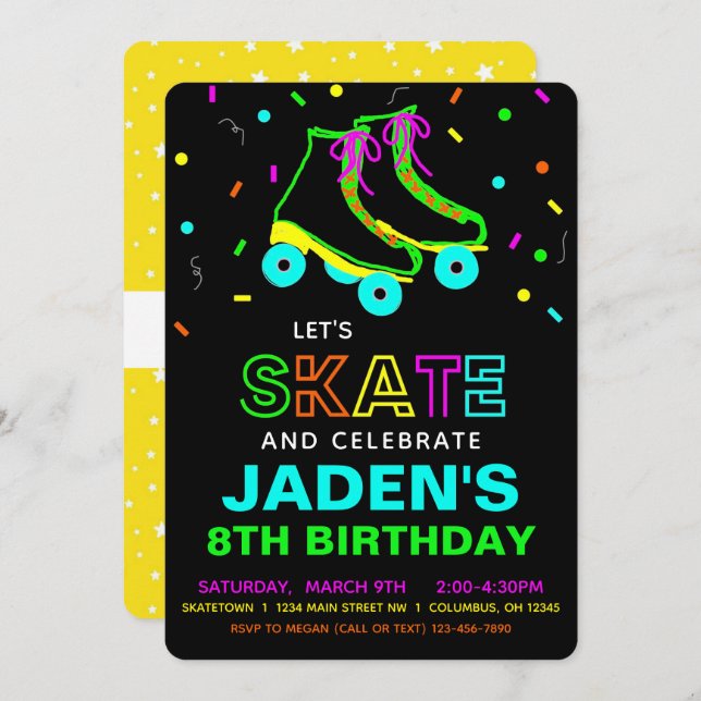 Roller Skate Neon Birthday Party  Invitation (Front/Back)