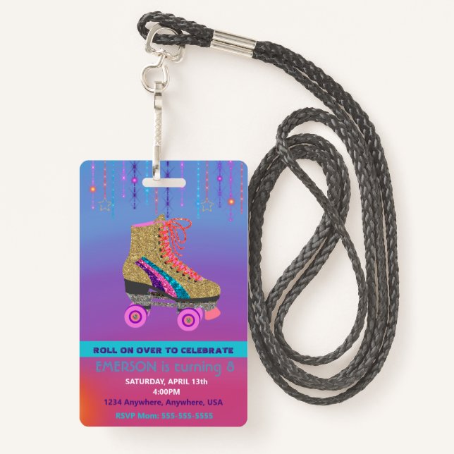 Roller SKate party, VIP Pass ,Invitation, Glitter ID Badge (Back with Lanyard)