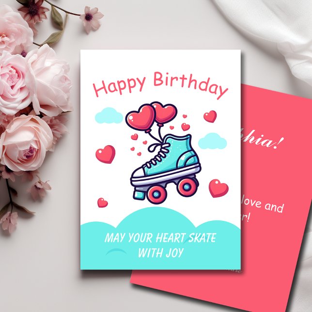 Roller Skate Red Hearts Balloons Birthday Greeting Card (Creator Uploaded)