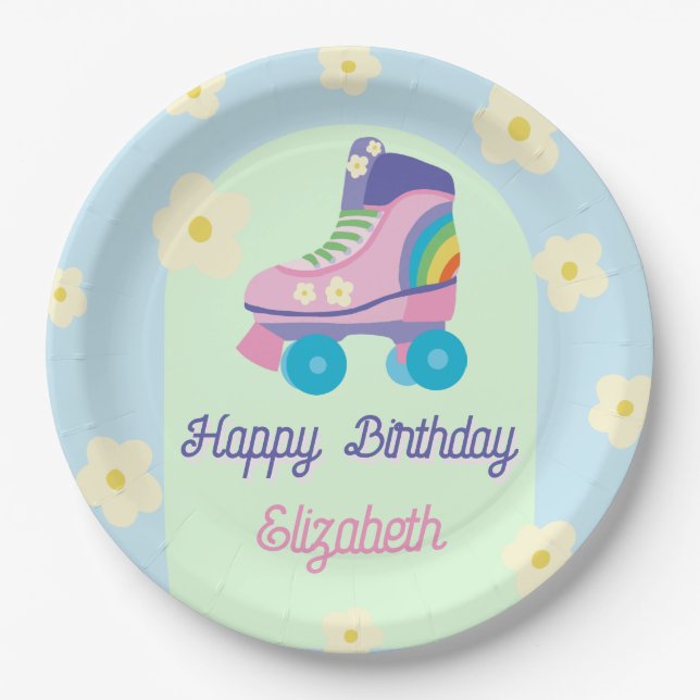 Roller Skate Retro Happy Birthday Daisy Paper Plate (Front)