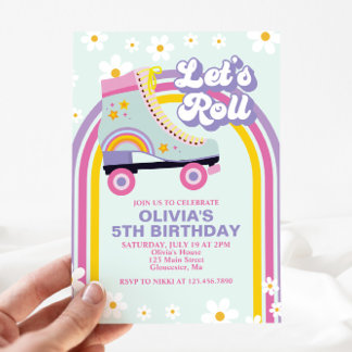 Roller skate Retro Rainbow Birthday Inv Invitation