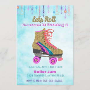 Roller skate, skating Party,  Roller Disco glitter Invitation