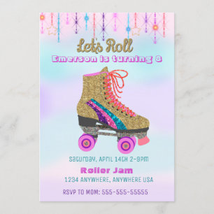 Roller skate, skating Party,  Roller Disco glitter Invitation