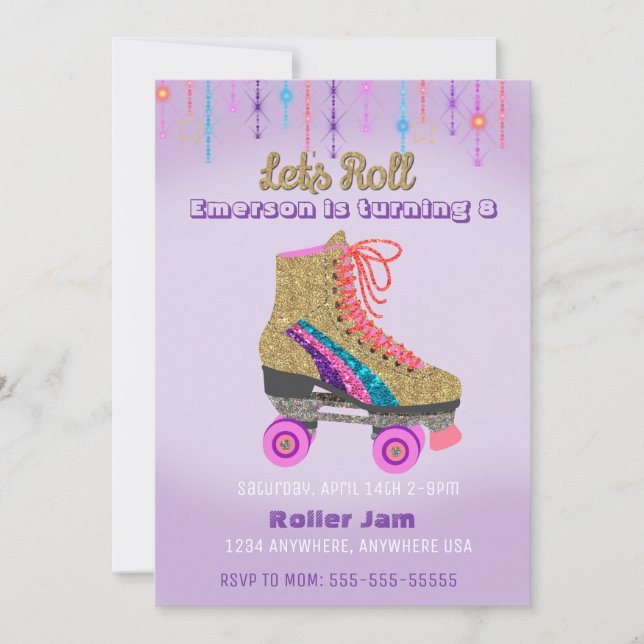 Roller skate, skating Party,  Roller Disco glitter Invitation (Front)