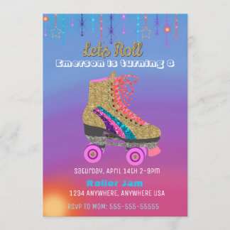 Roller skate, skating Party,  Roller Disco glitter Invitation