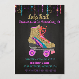 Roller skate, skating Party,  Roller Disco glitter Invitation