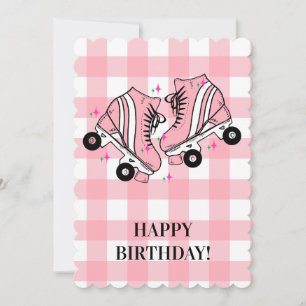 Roller Skate Skating Pink Gingham Birthday Holiday Card