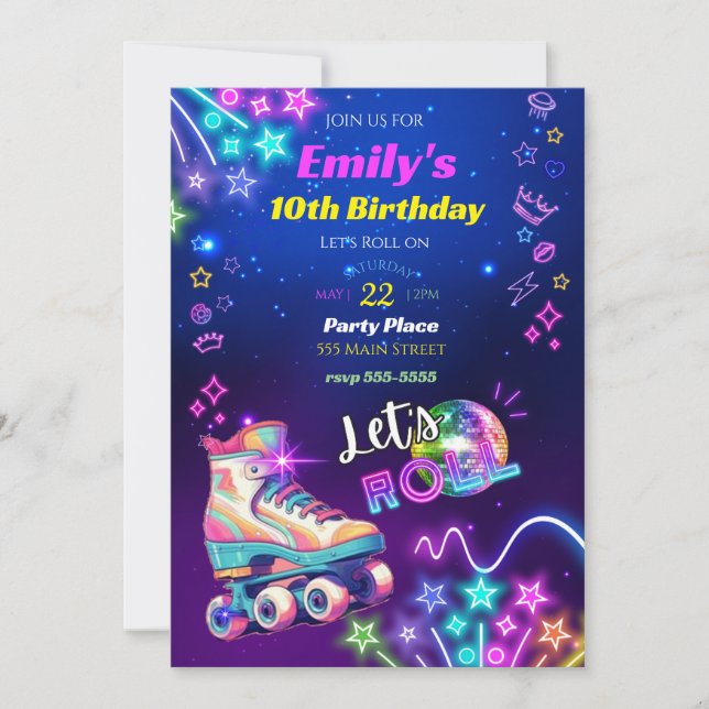 Roller skates birthday invitation neon retro (Front)