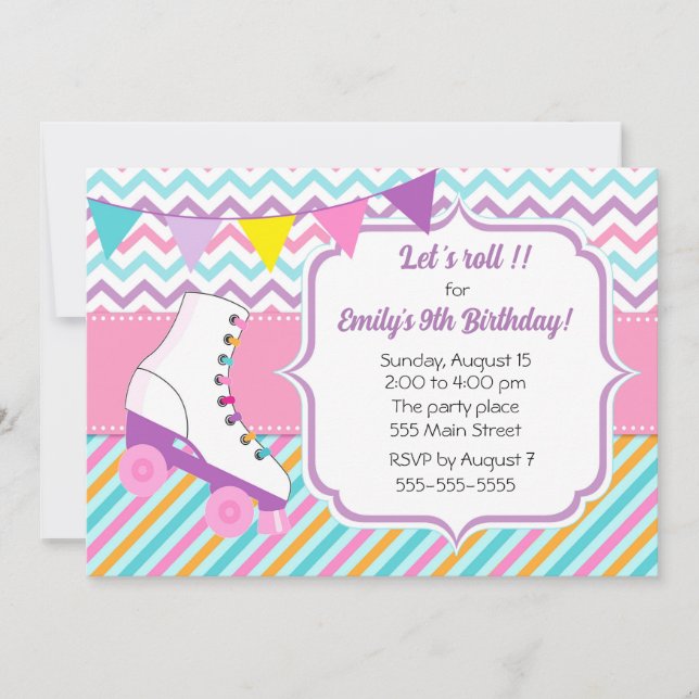 Roller skates girl birthday invitation pink blue (Front)