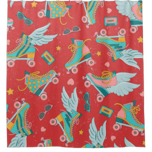 Roller skates in bright colours with and without w shower curtain