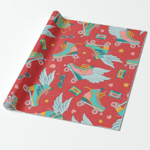 Roller skates in bright colours with and without w wrapping paper