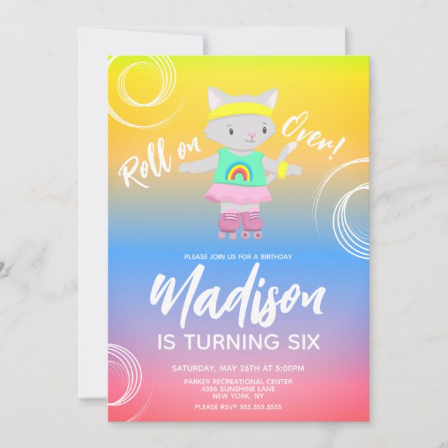 Roller Skates Kitten Kids Rainbow Birthday Party Invitation (Front)