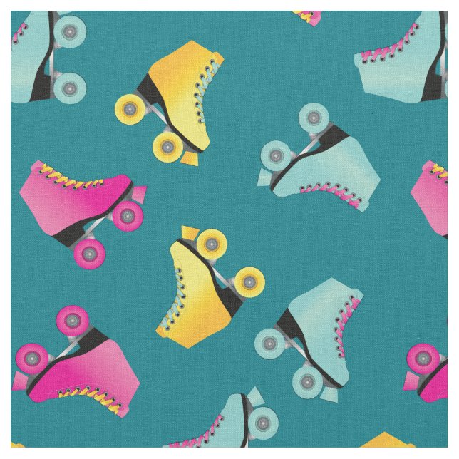 Roller Skates Skating Rink Retro Teal Fabric (Close Up)