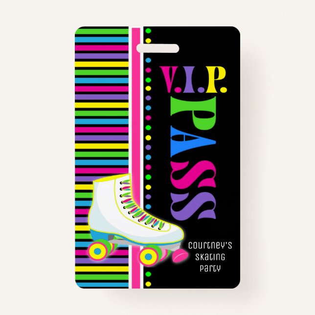 Roller Skating Birthday Party VIP Pass Glow Party ID Badge (Front)