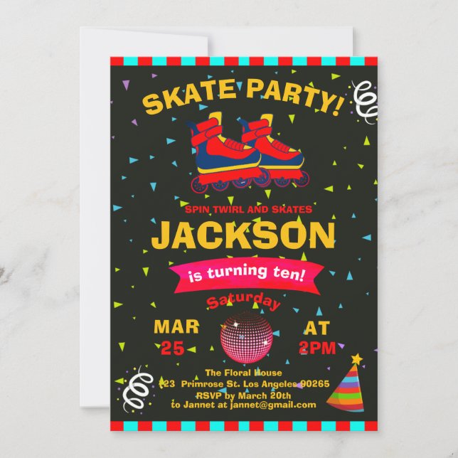 Roller Skating Chalkboard Confetti Birthday Party Invitation (Front)